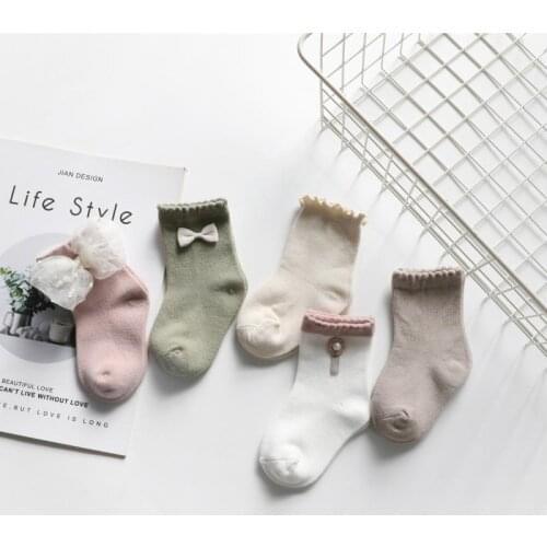 5 Pairs/lot Childrens Socks Spring Autumn New Bow Lace Accessories Girls Socks Medium Fashion Sense Kids Socks 0-8 Years Old