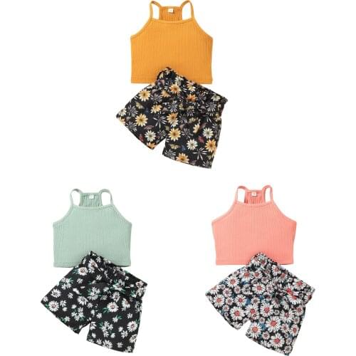 New Toddler Girls 2PCS Summer Outfits, Sleeveless Rib Knit Strap Crop Tops + Floral Belted Shorts Set