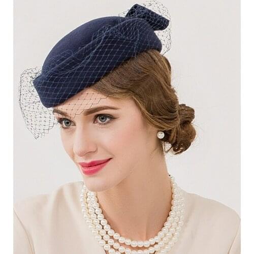 New Arrival Vintage Wedding Cap England Women Wool Beret Hat Dotted Veil Mesh Fedora Hat Ladies Church Fedora Caps S3083