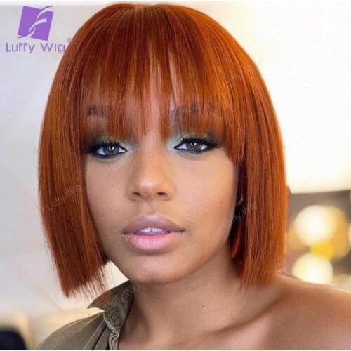 Short Human Hair Bob Wigs With Bangs Brazilian Remy Hair Blunt Cut Bob Wig Orange Color Straight Glueless 150% Density Luffy