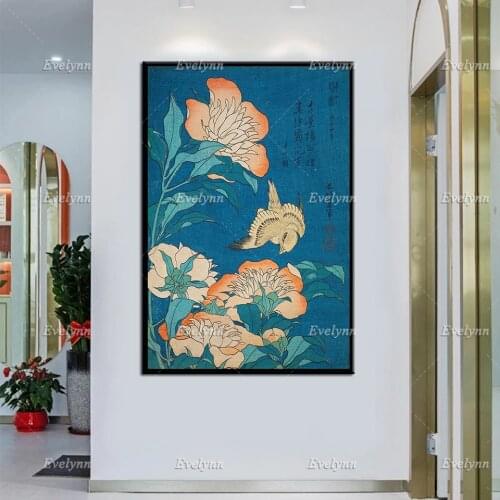 Katsushika Hokusai Print, Peonies And Canary Poster, Ukiyoe Art, Japanese Canvas, Hokusai Art Print, Wall Art Home Decor Gift