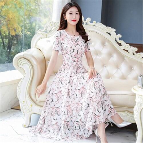 Fashion dress 2021 Korean summer new round neck short sleeve temperament was thin and big swing chiffon dress