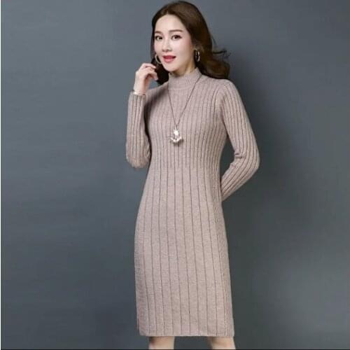 Womans Slim For Long Sleeve Bottoming Dress Ladies Knitted Dress Casual Half Turtleneck Sweater Dresses Autumn Winter Vestidos