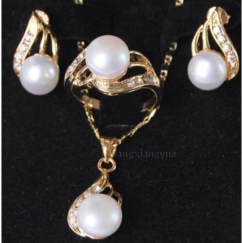 Genuine White Akoya Cultured Pearl ring earrings Necklace Pendant Set AAA Jewelry