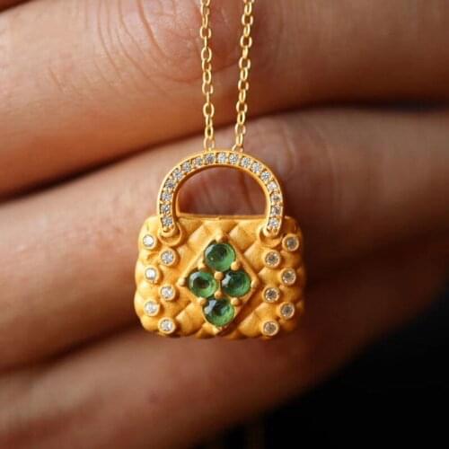 Natural Hetian Jade Emerald Bag Pendant Italian Craft Luxury Fashion Exquisite S925 Sterling Silver Ornament for Women