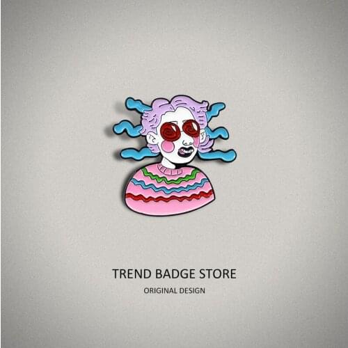 Extend Tongue Make Strange Expression Trend Pull Noodle Hairstyle Personality Girl Enamel Label Pins Brooches Shirt Badge