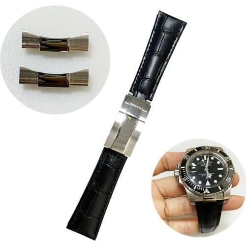 Rolamy 20mm Real Calf Leather Watch Band with Silver Clasp Curved With Solid Curved Endlink For Rolex Submariner Oyster