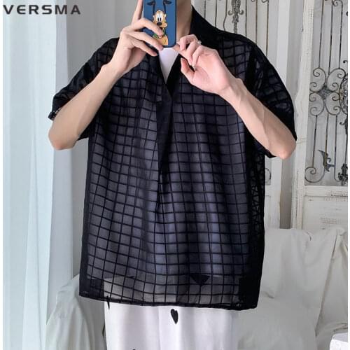VERSMA Japanese Trendy See Through Vintage Plaid Transparent Shirt Men Women Summer Tropical Short Sleeve Shirt Men Dropshipping