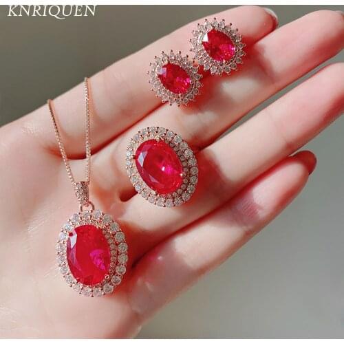 Silver 925 Wedding Jewelry Sets for Women Vintage 10*12mm Ruby Lab Diamond Rose Gold Color Rings Necklace Earrings Party Jewel