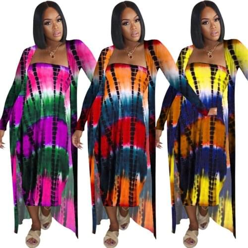 Tie Dye Print Strapless Midi Dress Full Sleeve Extra Long Cardigan Coat Women Casual Two Piece Set Casual Suit S-3XL