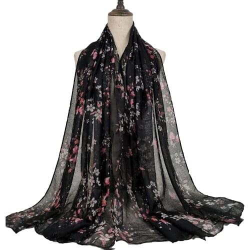 Fashion Women African Black Floral Viscose Scarf Lady Print Soft Voile Shawls and Wraps Female Foulard Echarpe Designer 180*80Cm