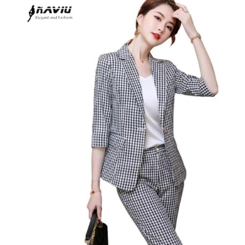 Plaid Suits Women New Spring Summer Casual Fashion Half Sleeve Blazer And Pants Office Ladies Business Formal Work Wear