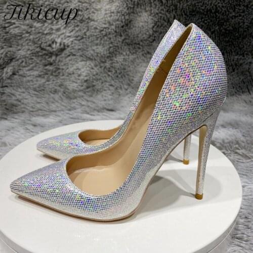 Tikicup Bling Sequined Women Pointed Toe Extremely High Heels Ladies Bridal Wedding Party Dress Shoes Designer Stiletto Pumps