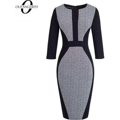 Women Casual Patchwork Front Zipper Three Quarter Vintage Autumn Work Business Bodycon Sheath Office Lady Dress EB409