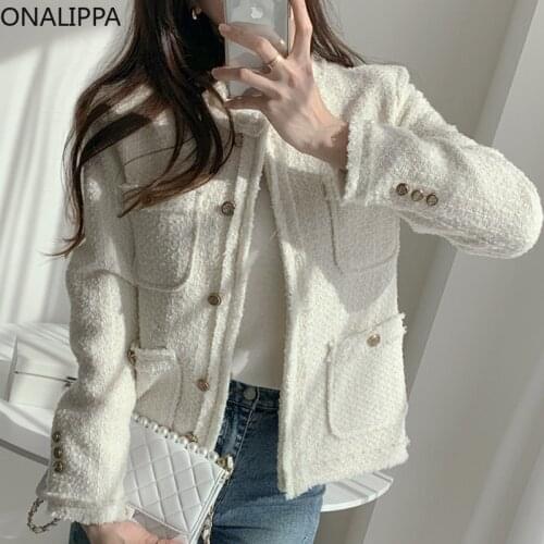 ONALIPPA Tweed Short Coat Ladies Autumn French Temperament Round Neck Metal Single-Breasted Design Multi-Pocket Tassel Jacket