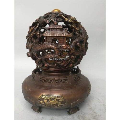 13'' red bronz home fengshui change luck rotate dragon palace Dragon Statue