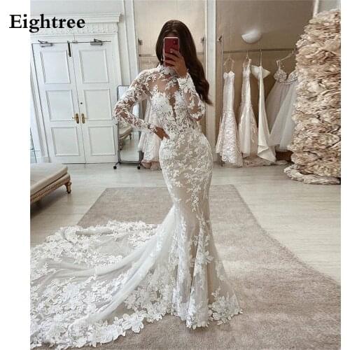 2021 Boho Bridal Gowns Lace Appliques Long Sleeves Train Beach Mermaid Wedding Dresses Plus Size Mariage Bride Bridal Gowns