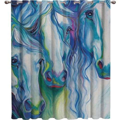 Abstract 3 Horses Watercolor Painting Window Blinds Living Room Curtains Bathroom Fabric Kids Curtain Panels With Grommets