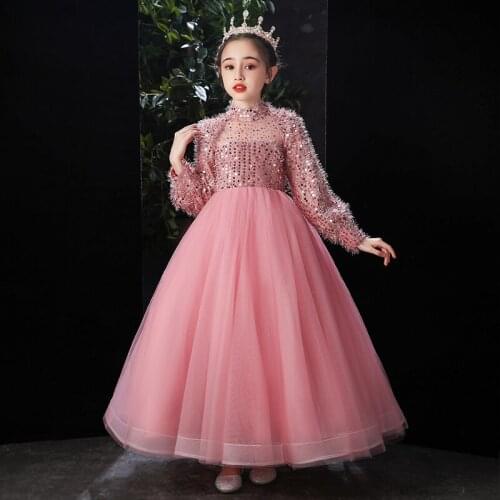 Flower Girl Dresses Illusion Sequined High Luxury Pink Lovely Crystal Princess Floor-Length Tulle Lace Full Kids Party Gown H252