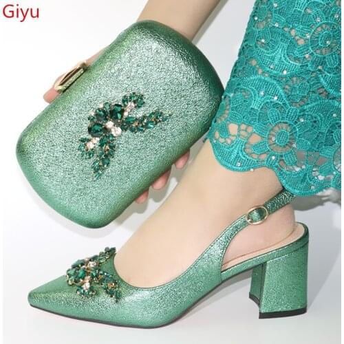 Doershow Shoes and Bag Set African Sets 2019 green Color Italian Shoe Bag Set Decorated with Rhinestone High Quality! !SKK1-3
