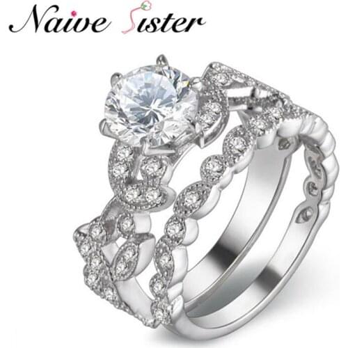 Classic Wedding Band 2 Rounds Leaves Shape Rings Set For Women Fashion Love Engagement Gift Cubic Zirconia Jewelry Luxury Bijoux