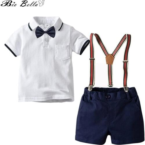 Newborn Baby Boys Summer Clothing Set Short-sleeved Bowtie T-shirt+Suspender Shorts 2 Pieces Clothes Cotton Gentle Boys Suit