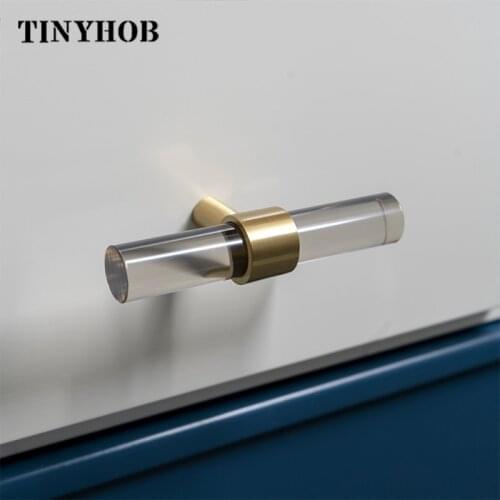Gray Transparent Acrylic with Brass Bases Cabinet Handles and Knobs Simple Drawer Pull T bar Various Sizes Furniture Hardware