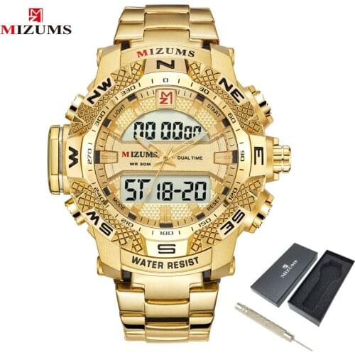 Mizums Gold Watch Men Quartz Analog LED Digital Sport Wrist Watches for Men Stainless Steel Band Military Male Clock Wristwatch