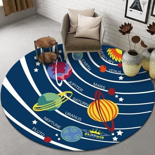 Cartoon Round Living Room Rug Planet Rocket Print Bedroom Mat Carpet for Boys Room Non-slip Chair Mats Play Area Rug Doormat