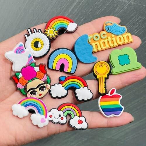 New Arrival 1Pcs Rainbow eyes Apple Girls Garden Shoe Charms Accessories PVC Shoe Decoration for Wristbands Croc jibz Kids Gifts