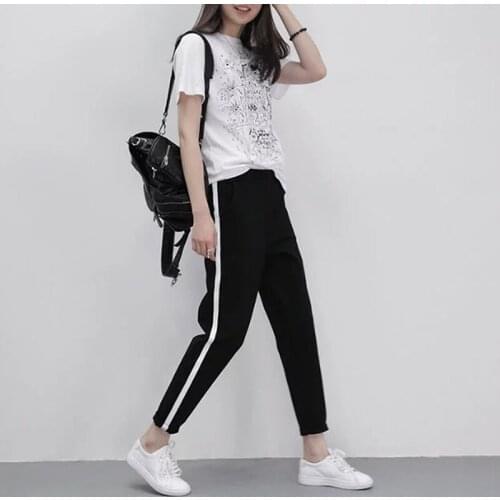 Autumn Harem Pants New Casual Long Trousers For Women Black Side Striped Thin Ankle-Length Pants Female Pencil Pant