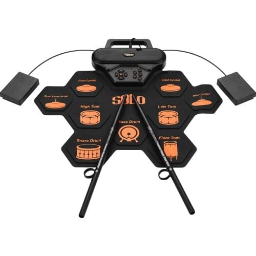 SD-50 Portable Electronic Drum Pad Digital Silicone Roll-Up Drum Practice Kit with 9 Labeled Pads 2 Foot Pedals Built-in Speaker