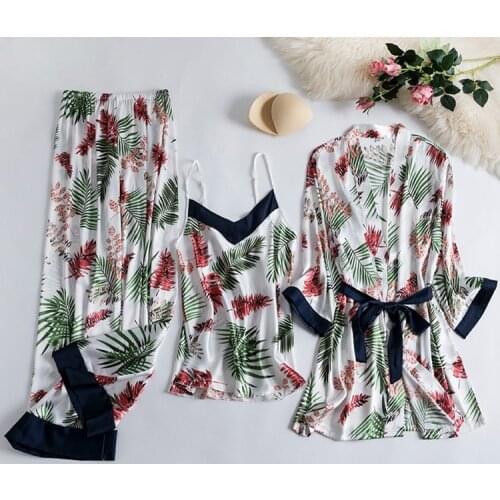 Silk Pajamas For Women Long Sleeve PJ Set Floral Print Robe Pants 3 Pieces Satin Pijama Sleepwear Suit Night Clothes