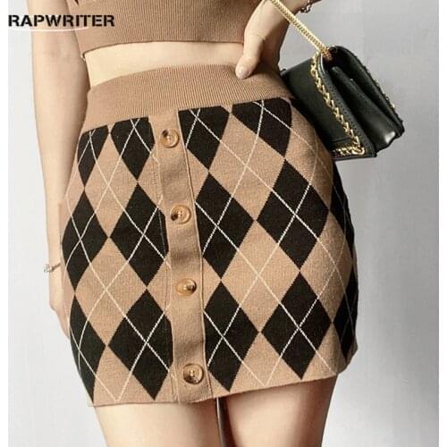 Rapwriter Vintage Plaid Mini Skirt Y2K Preppy Style Skirt Women Knitted Short Skirt 90S High Wasit Slim Skirt 90s Streetwear