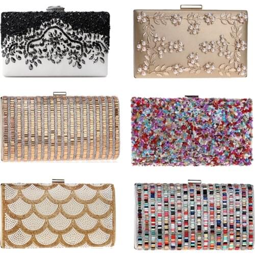 PU vintage women embroidery beaded evening bags beaded diamonds clutch candy crystal wedding handbags for party female box case