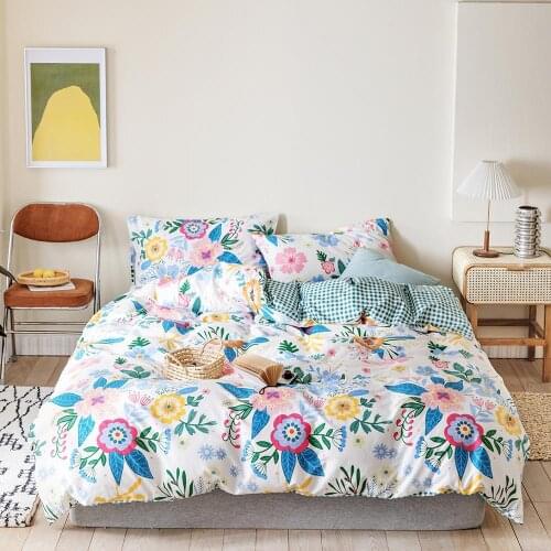 WUJIE Flower Style Bedding Sets with Pillowcases Wrinkle Free Duvet Cover Set Twin Full Queen King Size 100% Cotton Bedding Set