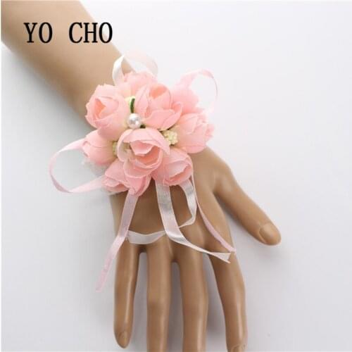 YO CHO High Quality Wrist Flower Rose Silk Ribbon Bride Hand Decorative Bridesmaid Sisters Curtain Band Clip Bouquet Festival