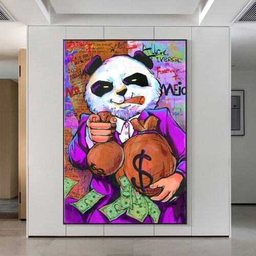 Funny Smoking Panda Graffiti Art Canvas Painting Money Bag Motivational Posters and Prints Street Wall Art Picture Home Decor