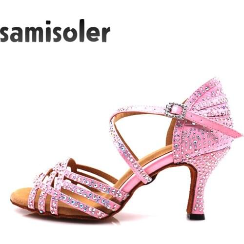 Samisoler 2019 New Latin Dance Shoesballroom latin dance shoes Pink Rhinestone Ballroom Shoes latce Shoes