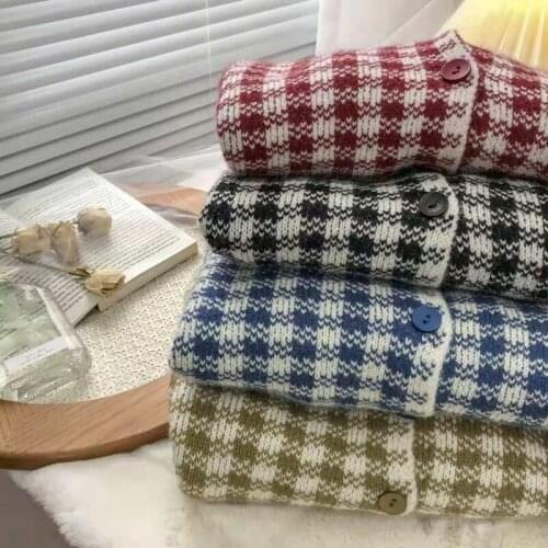 2021 Autumn Women Knitted Short Plaid Cardigan Sweater Single Breasted Round Collar Crochet Outerwear Female Full Sleeve