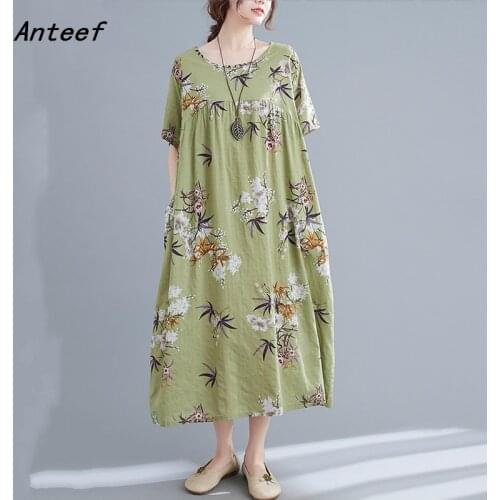 Short sleeve cotton vintage floral dresses for women casual loose long woman summer dress elegant clothes 2021