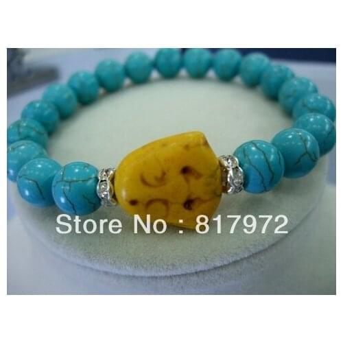 5pcs bright yellow buddha head stone Bangle 10mm light blue bead rhinestone mixed Bracelet Elasticity Adjustable