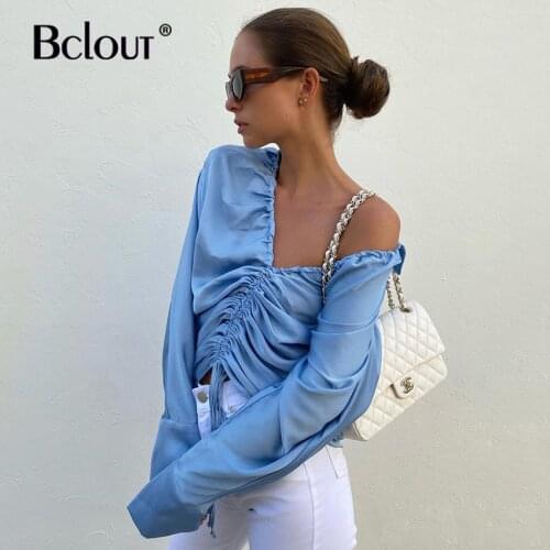Bclout Sexy Blue V Neck Pleated Top Women Satin Lace Up Shirt Female Buttons Casual Summer Autumn Long Sleeve Blouse Streetwear