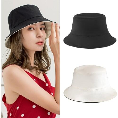 BISON DENIM Double-side Harajuku Bucket Hat Fishing Outdoor Cap Women Bucket Fishing Hats Sunscreen Pure Color Fisherman Hat