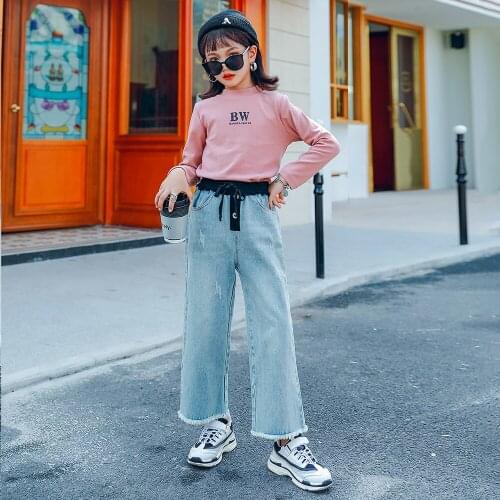 Girls Denim Jeans Toddler Girls Fall Clothes 2020 Kids Wide Leg Jeans Kids Straight Pants Pure Cotton Child Casual Pants New