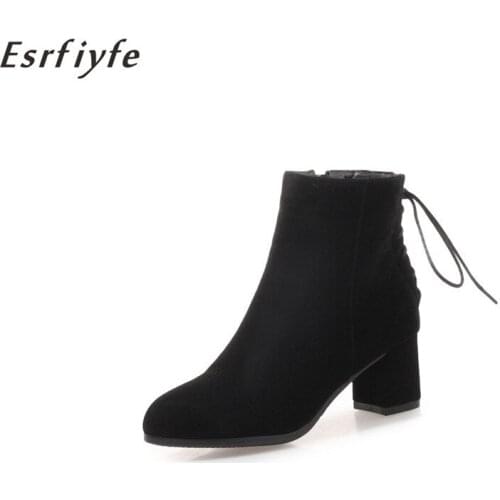 ESRFIYFE 2020 Fashion Women Boots Flock High Heels Autumn Winter Shoes Woman Pointed Toe Rubber Ankle Boots Zapatos Mujer Black