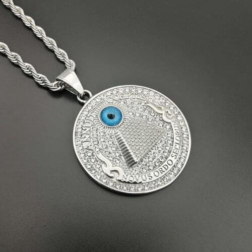"Novus ordo seclorum"Masonic Round Pendants Necklaces Illuminati Pyramid 316L Stainless Steel Men Hip Hop Rapper Jewelry