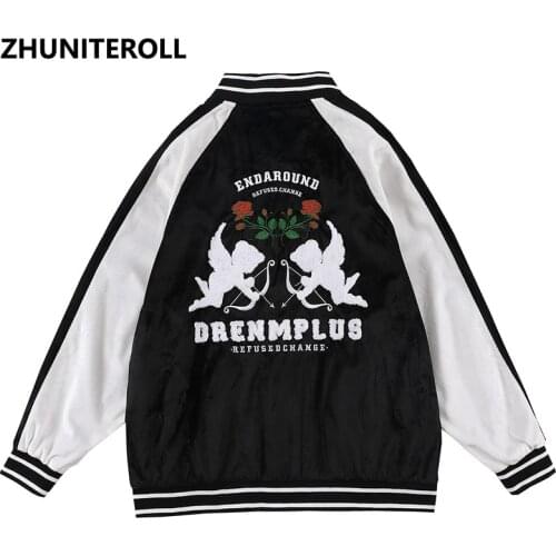 2021 Embroidery Angel Harajuku Patchwork Velvet Jacket Men Bomber Fashion Baseball Coats Streetwear High Street Tops Clothing