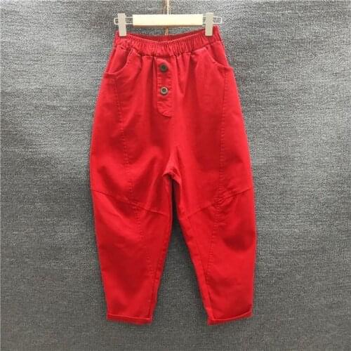 New Arrival Casual Yellow Pants Plus Size Spring Women Elastic Waist Loose Harem Pants 100% Cotton All-Matched