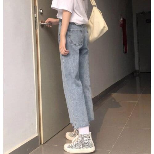 New summer high-waisted hole-breaking jeans women loose-fitting students thin wide-legged trousers nine straight pants